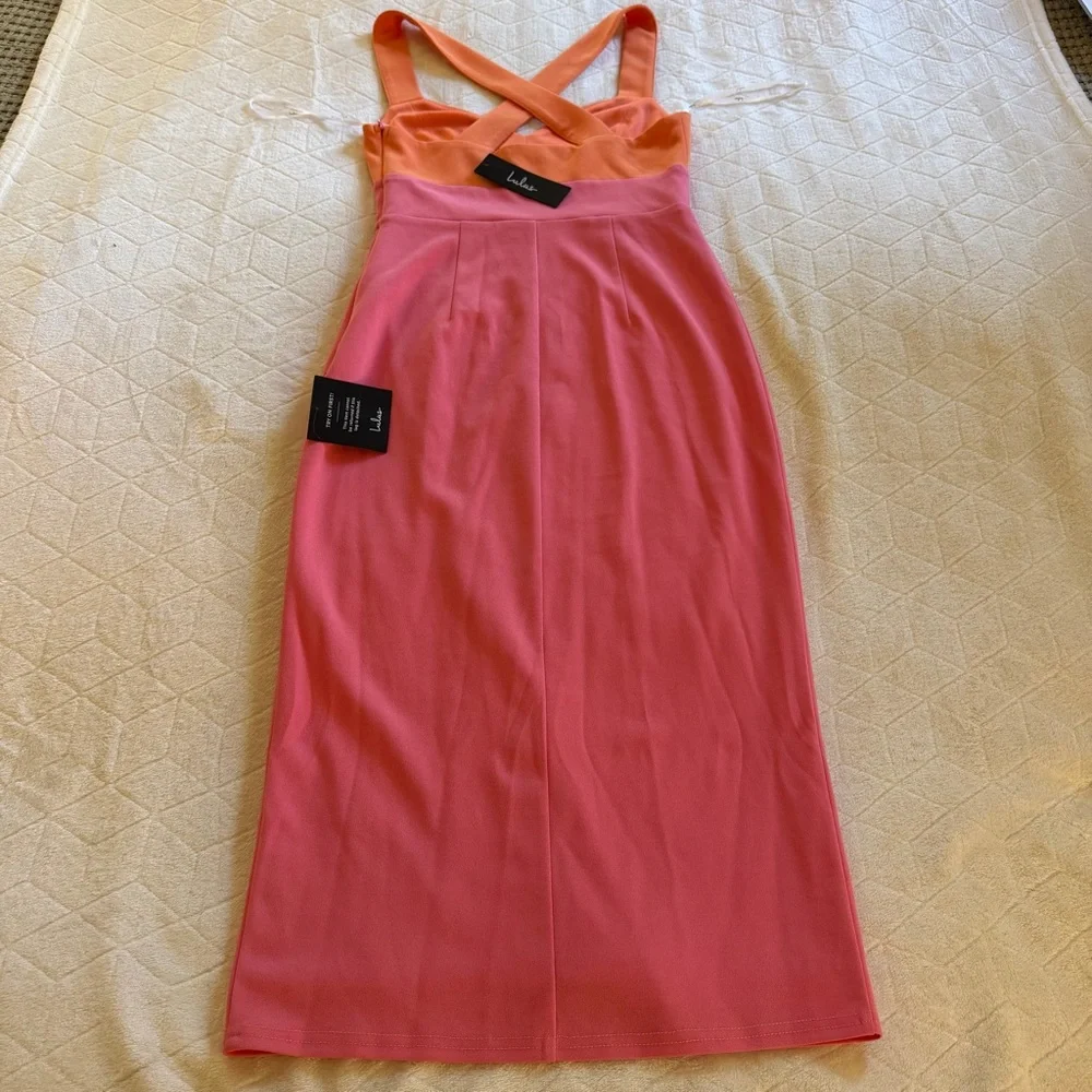 Lulus Malibu Magic Pink And Orange Color Block Midi Dress Leg Slit Size Small
